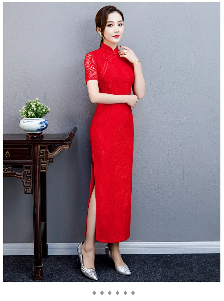 Ретро стиль Cheongsam длинное с коротким рукавом платье темперамент Qipao сексуальное Cheongsam кружевное платье Vestido модное платье