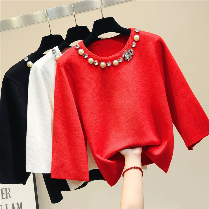 

Handmade beading diamonds knitted sweater women o-neck short tops cute half sleeve pullover 2019 autumn new arrival