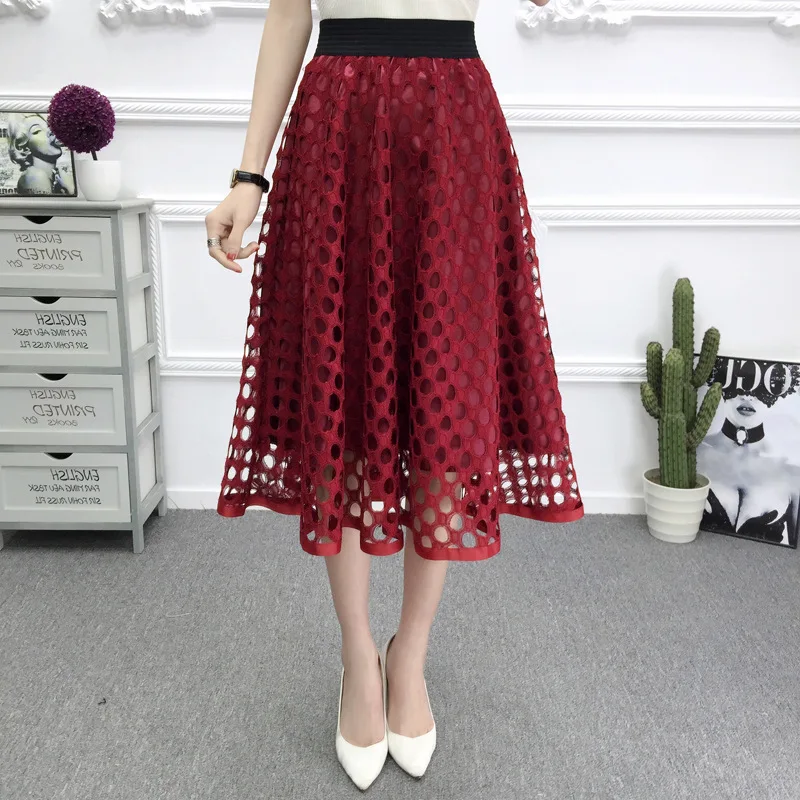 

2020 Spring Fashion Skirts Women Girl Summer New High-waist Wild Thin A Word Tutu Circle Hollow Lace Skirt Long Female