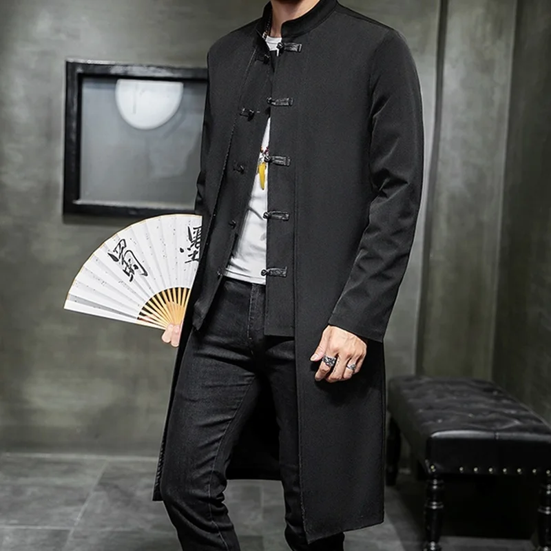 Chinese Style Long Windbreaker Jacket Men Streetwear Oriental Clothes Men Hip Hop Chinese Mandarin Jacket Coat KK3150
