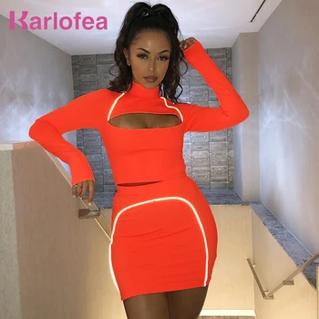 

Karlofea New Fashion Reflective Women Sets Casual Crop Top Long Sleeve Shirt Mini Skirt Outwear Suit Sexy Slim Club Party Sets
