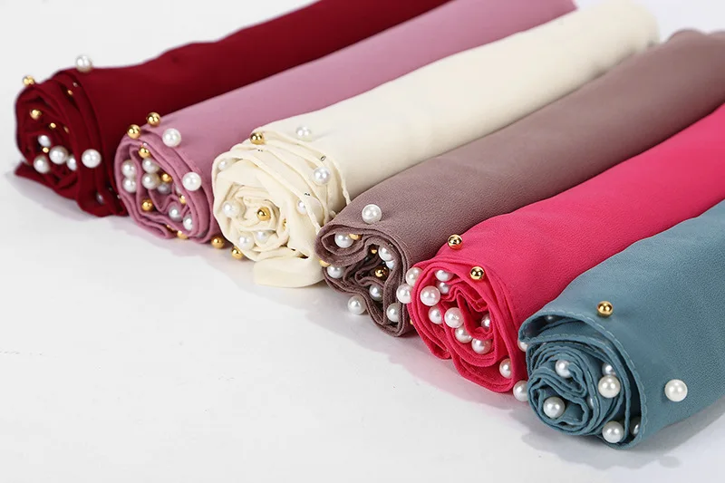 women pearl bubble chiffon scarf Head hijab wrap full cover-up shawls foulard femme headscarf crinkle muslim hijabs stole