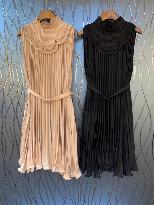 

2019 Early Autumn New Girl's Small Round-collar Pleated Pocket Received Waist Pure Sleeveless Dress 817