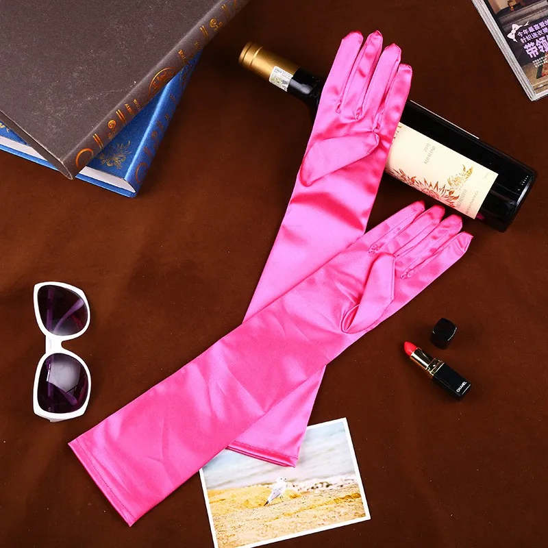 Элегантные новые розовые синие фиолетовые 45 см Длинные атласные свадебные перчатки для невесты девушки палец выпускного вечера Guantes de novia Mariage Femme 218