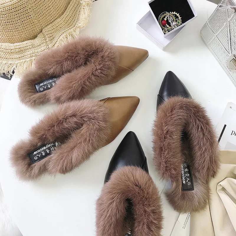 

2019 Autumn New Style Korean-style Fashion Pointed Really Rabbit Fur Flat Casual WOMEN'S Shoes Versatile Foot Covering WOMEN'S S