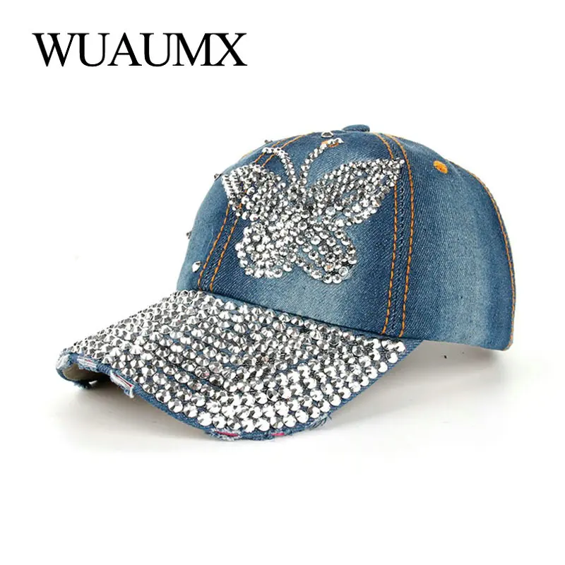 Wuaumx бейсбольная кепка со стразами Женская шапка ручной работы с бабочкой для девушек Женская кепка с защелкой s джинсовая Женская шляпка gorra hombre