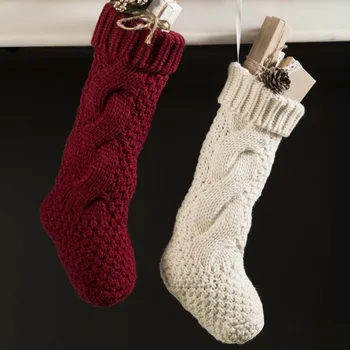 

Besegad 4pcs DIY Hanging Christmas Knitted Stockings Plush Candy Sock Red Cloth Gift Pouch Bag Stocking Xmas Tree Decoration Toy