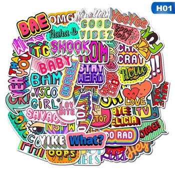 

50pcs Pack Cartoon English Phrase Children Waterproof Stickers Skateboard Guitar Suitcase Vsco Girl DIY Sticker Kid Graffiti Toy