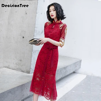 

2020 chinese red long women cheongsam sexy lace hollow out qipao noble ladies evening party dresses stage performance clothes