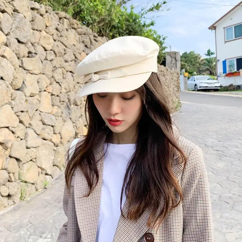 

Japanese Style Women Flat Beret Cap Sweet Girls Cute Twist Bowknot Front Solid Color Painter Minimalist Peaked Visor Navy Hat