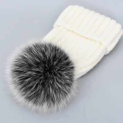 Hot Sale Winter Baby Women Kid Hat Real Fox Fur Hats Mom Baby Hat with Pompon Family Matching Beanie Hairball Kids Cap Outfits - Цвет: B with velvet