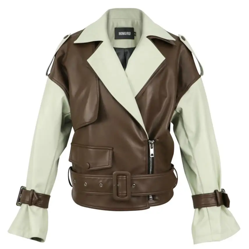 

Fashion Locomotive wind short warm pu leather coat female hit color double lapel design leather jackets with belt F831