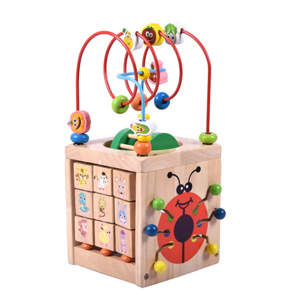 

Wooden Children's Early Education Toys Beetle Four Sides Round Beads Treasure Box Activity Cube Bead Maze Abacus Counting