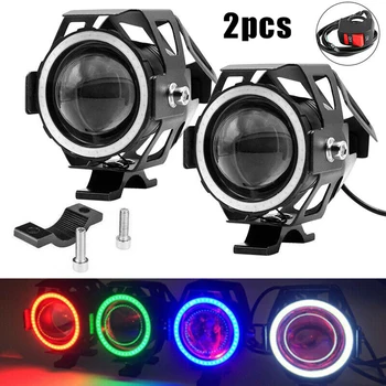 

2pcs 125W U7 LED Motorcycle Headlight Angel Eyes Fog Spot Strobe Lamp +Switch
