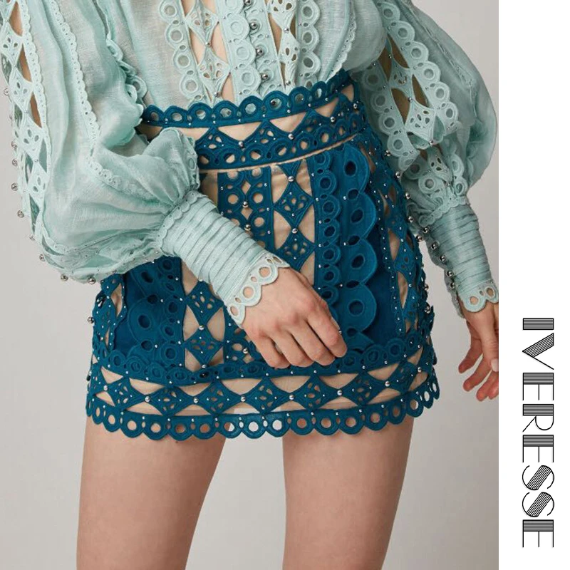 

IVRESSE Blue Hollow Out Summer Short Skirt Women Lace Contrast Prismatic Pattern Cutout Rivet Sexy Elegant Pathwork Mini Skirt