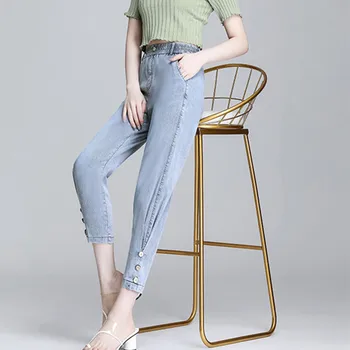 

2020 Ankle length Jeans For Women Plus Size High Waist Buttons Loose Streetwear Female blue Denim Harem Pants