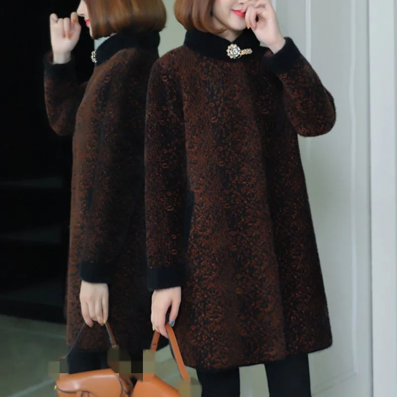 Winter Fashion Elegant Faux Mink Fur Coat Women Streetwear Office Lady Long Sleeve Fur Collar Overcoat Plus Size Stand Collar