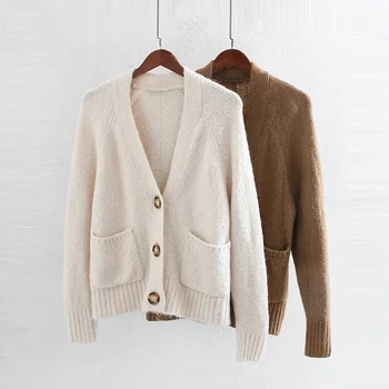 

Vintage women's sweater cardigans pocket single breasted long sleeve V neck sweater casual knitted sweaters female jumpers tops