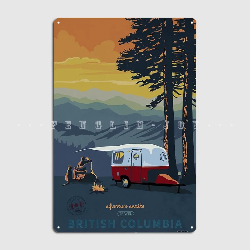 

Retro Travel Bc Camping Poster Sunset Scene Metal Sign Club Home Pub Garage Classic Plaques Tin Sign Poster