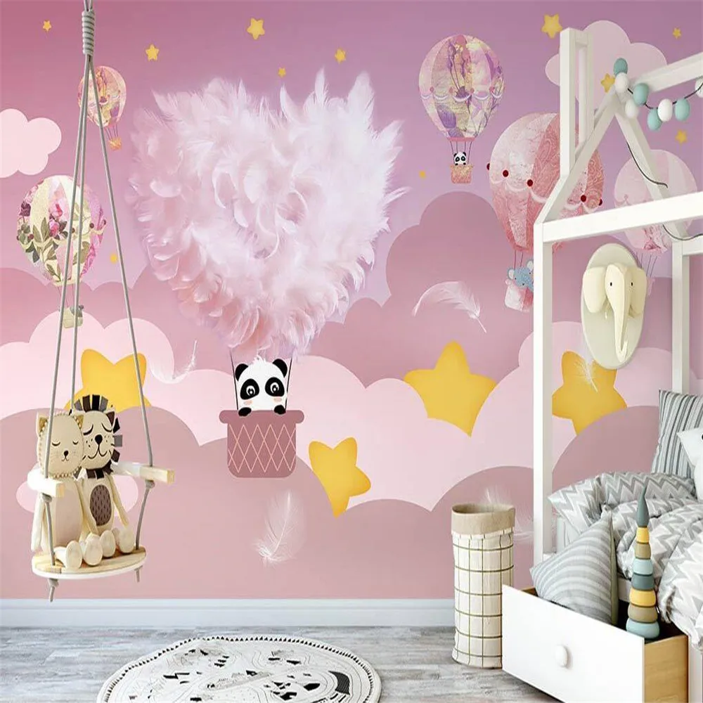 New Custom large mural wallpaper 3d Nordic hand painted feather hot air balloon pink child bedroom living room papel de parede