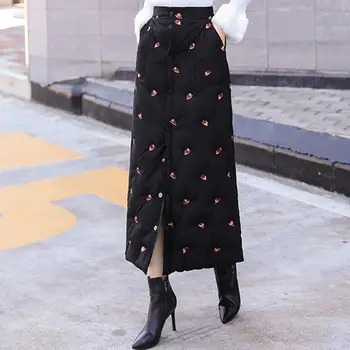 

Winter women Down Cotton Skirt High Waist Embroidery Single Breasted Thickening A-line Warm Black Skirts plus size 5xl r2093