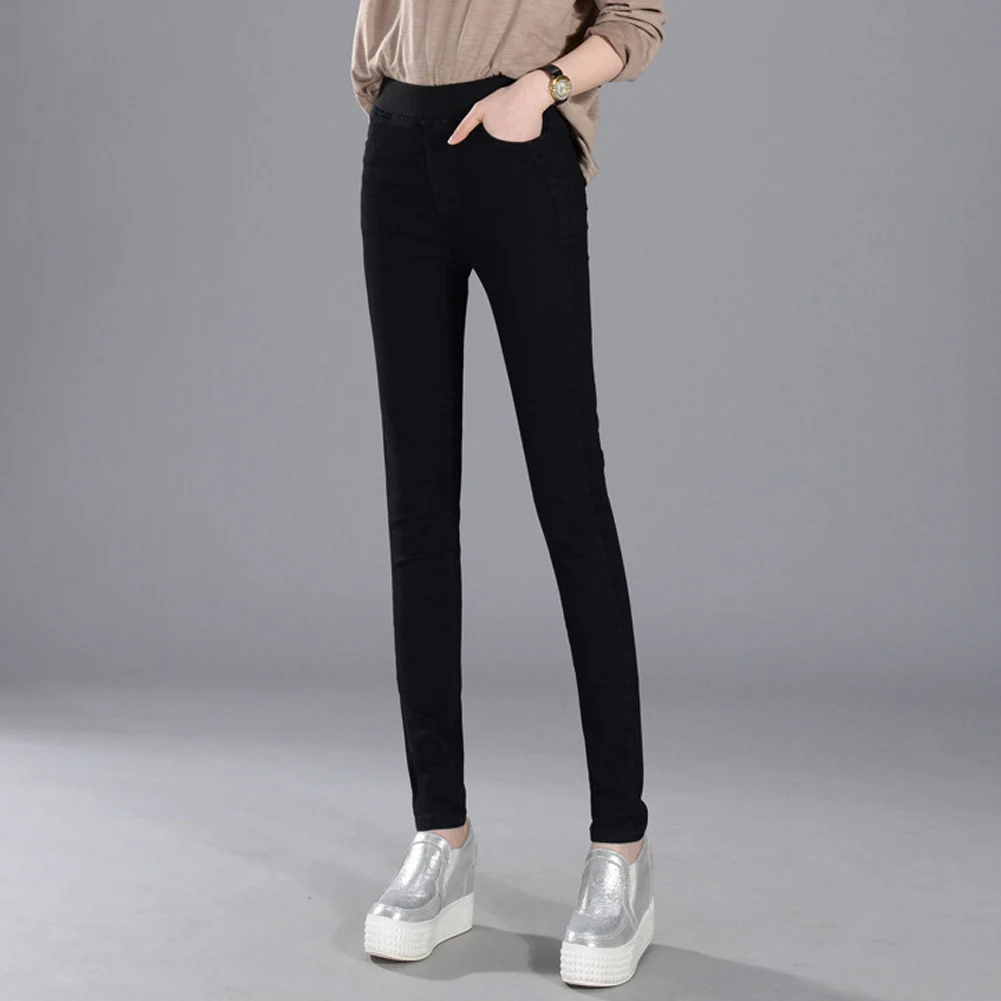 Black NO Fleece Женские теплые плисовые джинсы, зимние штаны с высокой талией, эластичные длинные джинсовые брюки LF88 - Цвет: Black NO Fleece
