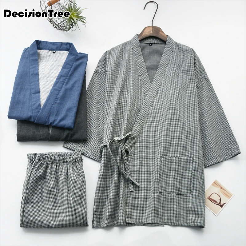 men pajamas sets print kimono suit soft homewear Three Quarter Sleeve tops& pants japanese style men sleepwear sets plus