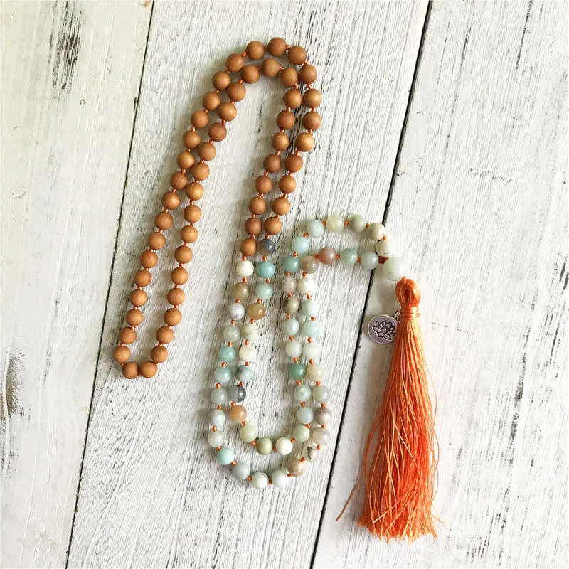 108 Mala Beads Necklace 8MM sandalwood & Amazonite Necklace   Orange Tassel Necklaces Woodbeads Meditation Jewelry
