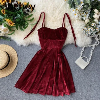 

Elegant Vintage Gothic Spaghetti Strap Dress 2019 Early Fall Basic Women Short Party Dresses Slim High Waist Mini Dress