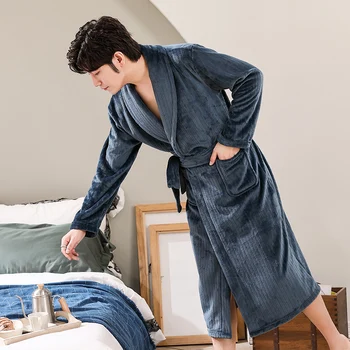 

XIZOU Mens Solid Winter Lengthened Bathrobe Plush Shawl Home Clothes Long Sleeved Robe Coat Soft Handfeel Pajama Bathrobe