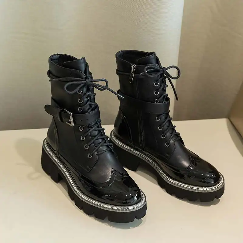 black1 short Krazing Pot/Водонепроницаемые ботинки из натуральной кожи; зимние женские ботильоны на шнуровке с круглым носком на высоком каблуке с пряжкой и ремешком; L78 - Цвет: black1 short