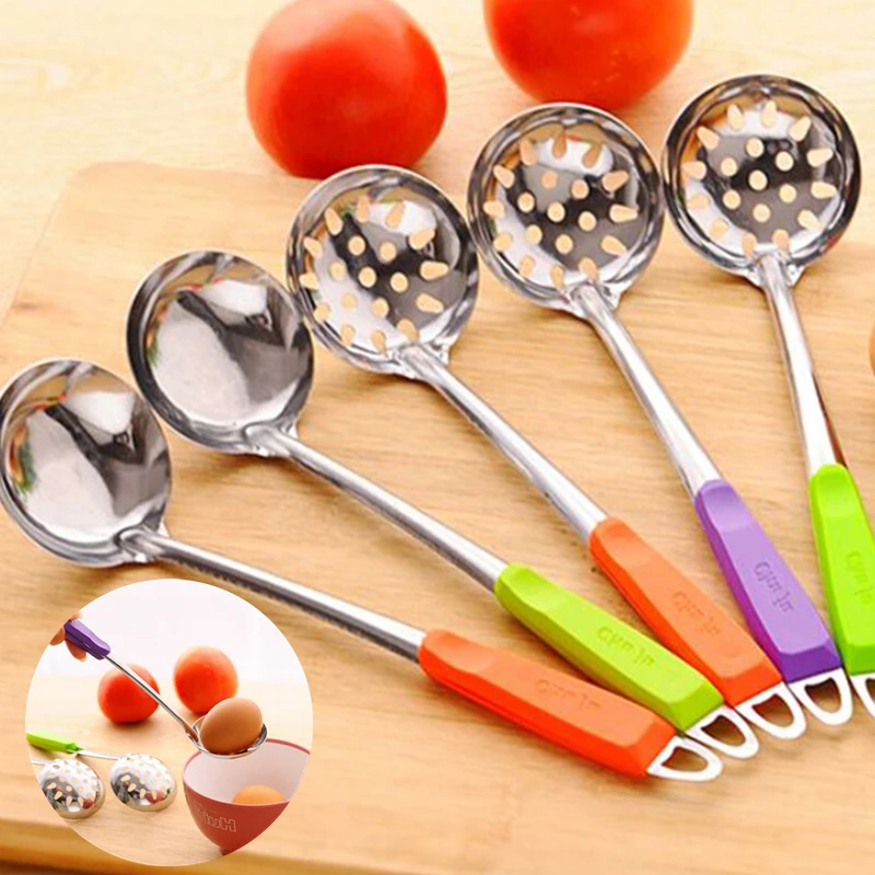

Handle Wall Hanging Stainless Steel Skimmer Strainer Soup Spoon Soup Ladle Kitchen Gadgets Candy Color Cooking Tools Accessories