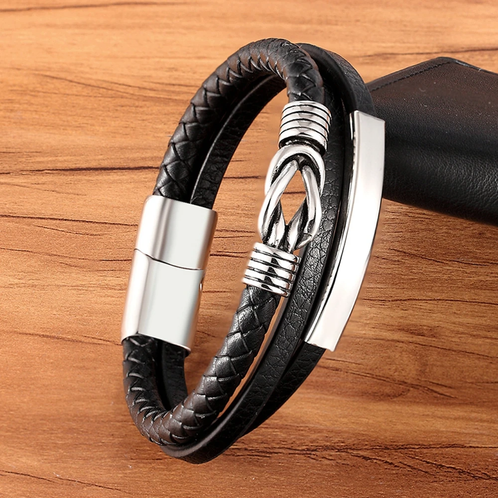 Men Bracelet Genuine Leather Braided Rope Gold Silver Color Trendy Charm Stainless Steel Wholesale Accessories Bangles Jewelry