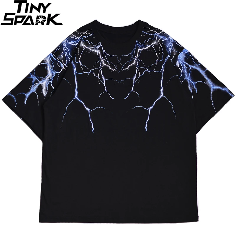 Black Tops Tees Tshirt Dark-Lightning Streetwear Hiphop Men Harajuku Fashion Short-Sleeve