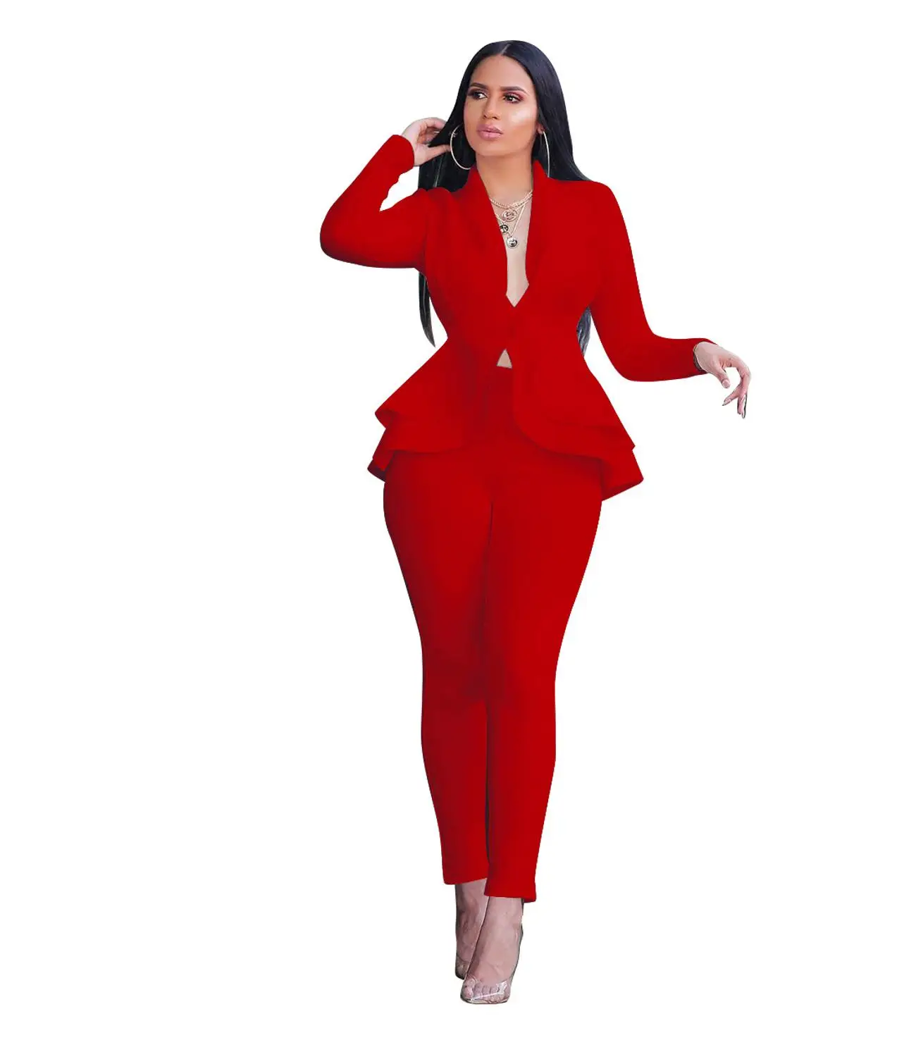 Женский короткий жакет из двух частей+ длинные штаны для офисной леди, осенне-зимний костюм для женщин, комплект из двух предметов, Одноцветный, размера плюс - Цвет: red