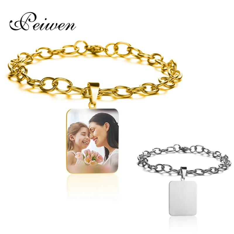 

Индивидуальные Прямоугольник идентификационная бирка Браслеты с гравировкой семьи детские домашние животные фотоснимком именем Дата Нержавеющая сталь персонализированные регулируемые наручные обручи