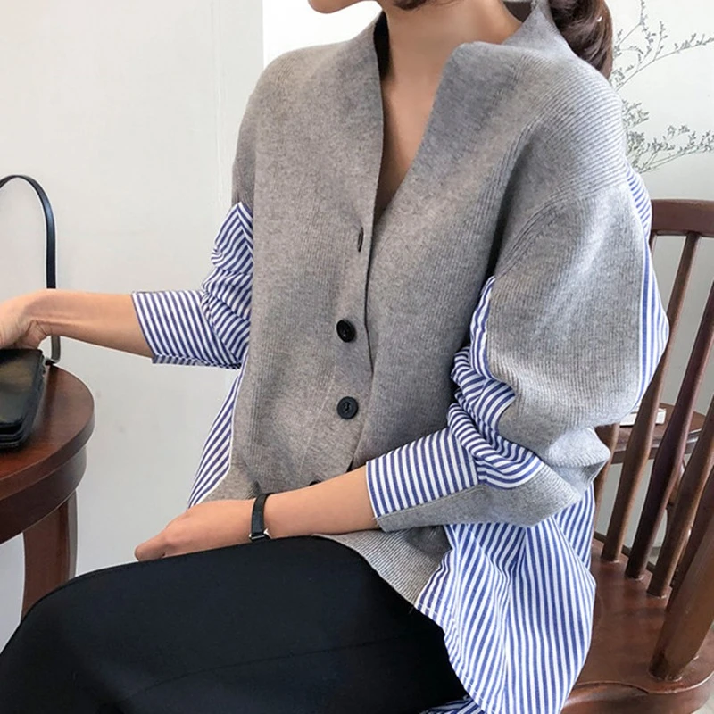 

Autumn Women's Sweaters Patchwork Srtiped Knitting V-Neck Cardigans Casual Single Breasted Loose Tops Sweater Women Jumper Pull