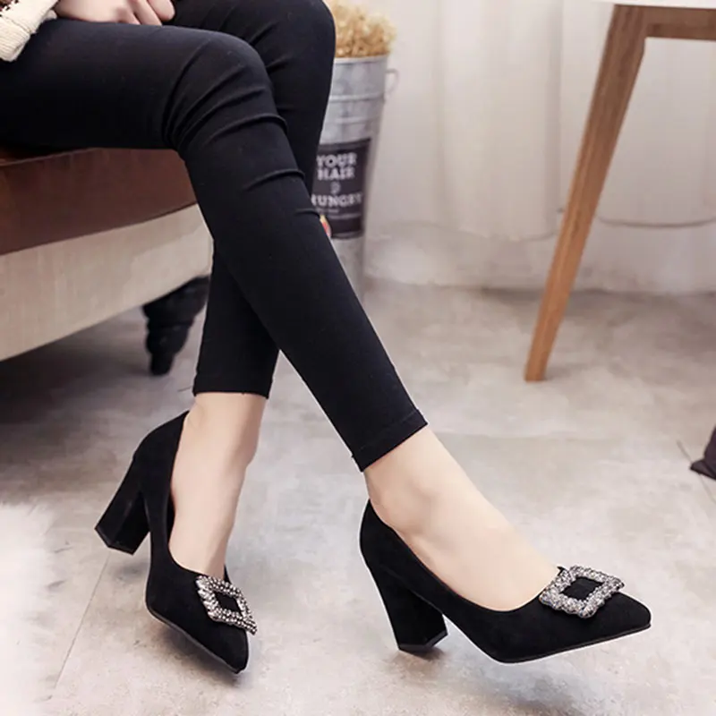 

Fashion Comfort Womens Single Shoes Korean Version Wild Pointed Shallow Mouth High Heels Professional Black Suede Work Shoes