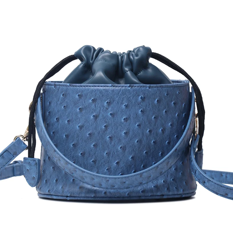 Fashion Blue Ostrich Leather Bucket Bags For Women Small Shoulder Messenger Bag Sexy Snake Cute Tote Purse