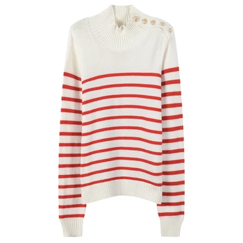 

Runway Design Striped Knitted Sweater Women Turtleneck Long Sleeve Tops Ladies Pullovers Buttons Jumper Female Autumn Winter