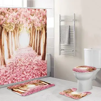 

Europe Pink Sakura Tree Pattern Bathroom Four-piece Suit,Shower Curtain Bathroom Pedestal Rug Lid Toilet Cover Bath Mat Set
