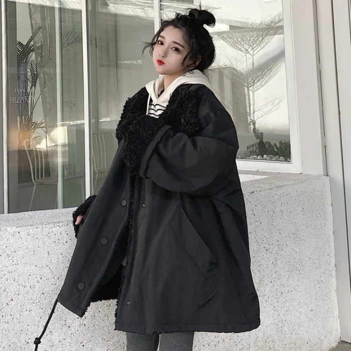 Harajuku осенняя и зимняя Длинная шерстяная куртка Корейская версия новых женских свободных толстых топов с длинными рукавами
