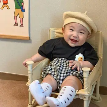 

2020 Summer 2 Piece Set Girl Baby Short Sleeve Shorts Cute Sun Flower Thin Cotton Plaid Pants Set Boy Baby Clothes Set