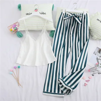 

Fiklyc Spring And Summer Sexy Suspenders Trousers Striped Two-Piece Suit Simulation Silk Home Service Women Casual