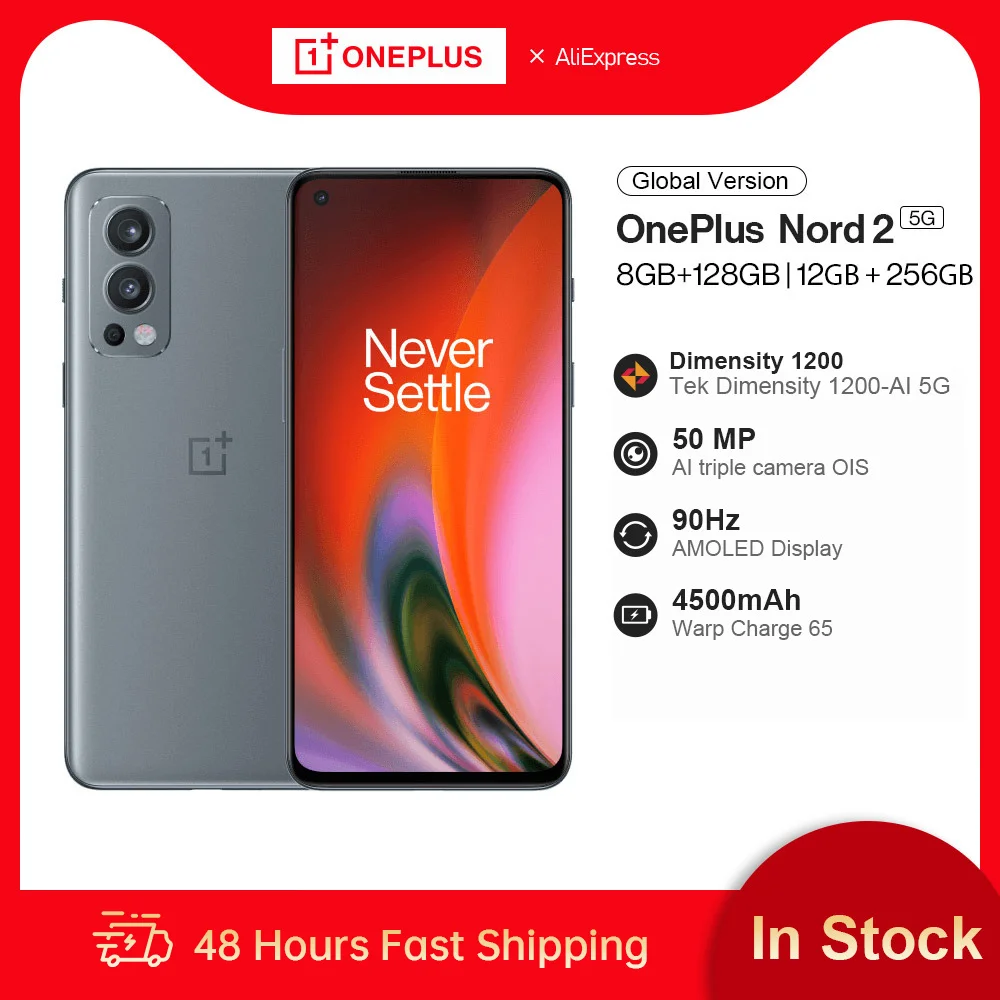 Global Version OnePlus Nord 2 5G 128GB/256GB MTK Dimensity 1200AI Smartphone 6.43” 90Hz AMOLED 50MP Triple Camera Warp Charge 65 best one plus mobile