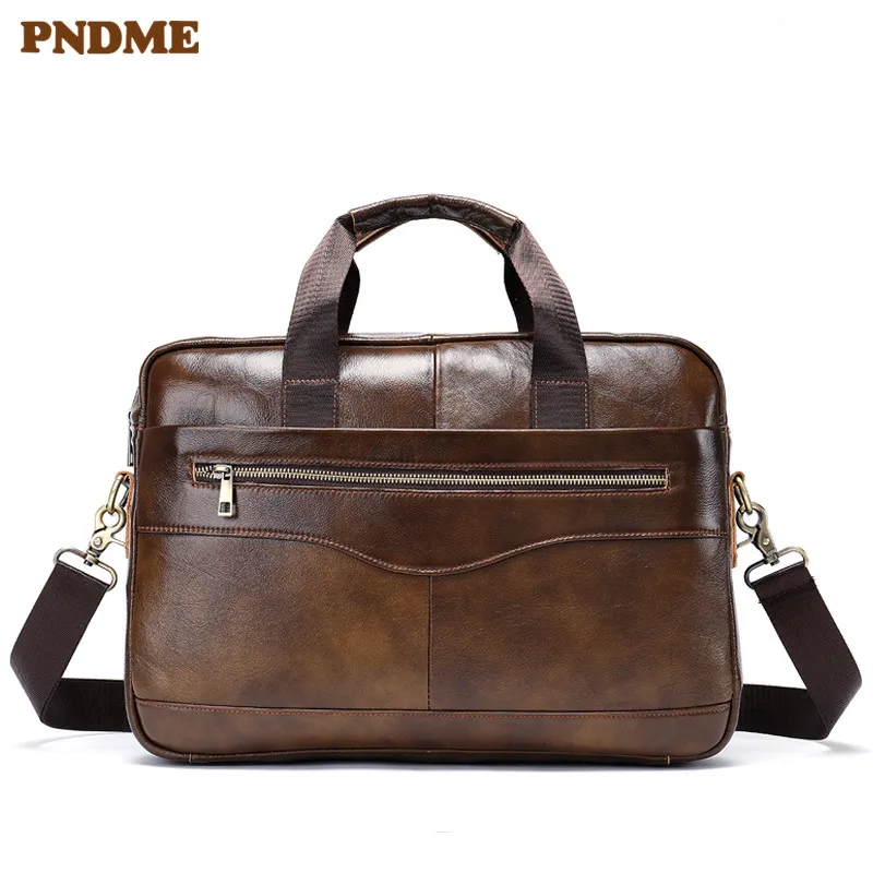 

PNDME fashion vintage top layer cowhide men's briefcase business office messenger bags handbag genuine leather brown laptop bag