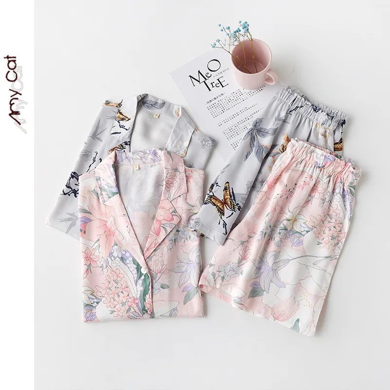 Summer Satin Blue Butterfly Flower Short Sleeve Shorts Two Piece Pajamas Turn-down Collar Viscose Sleepwear Printing Pyjamas