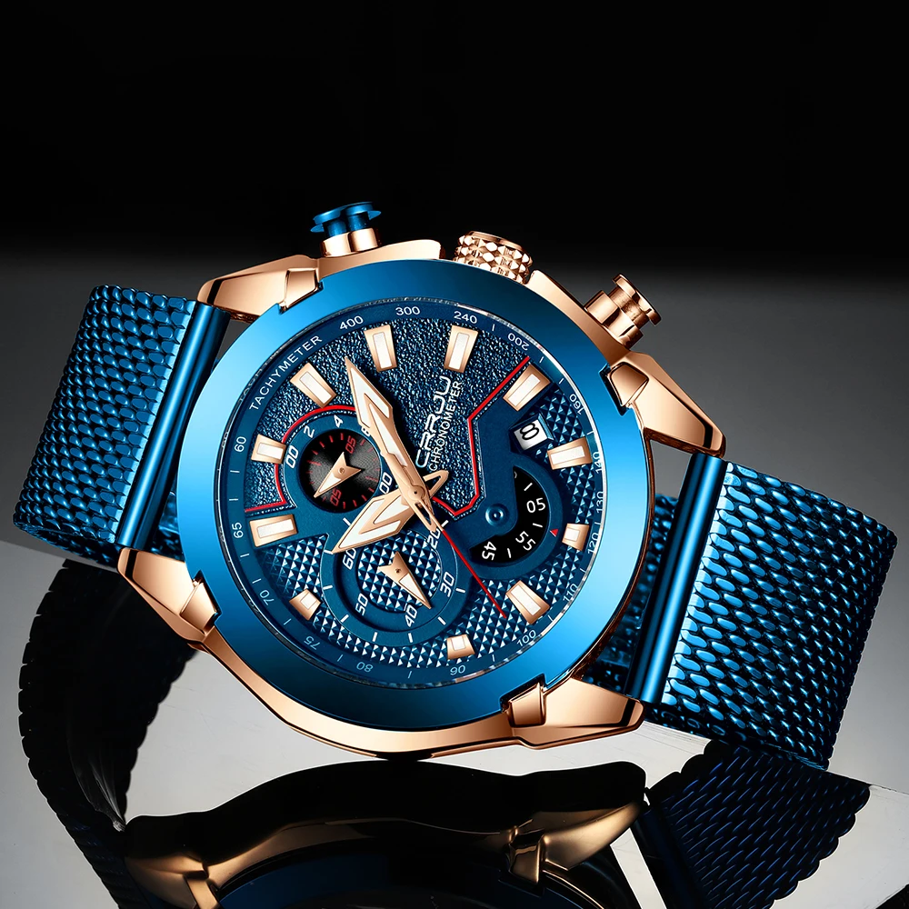 CRRJU Для мужчин сетчатый ремешок часы модные Водонепроницаемый хронограф Для мужчин наручные Повседневное спортивный синий календарь часы Relogio Masculino