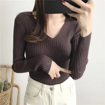 

2019 Fashion Winter Autumn Korean Slim Solid Knitted Sweater Femme Casual Long Sleeve V Neck Pullover