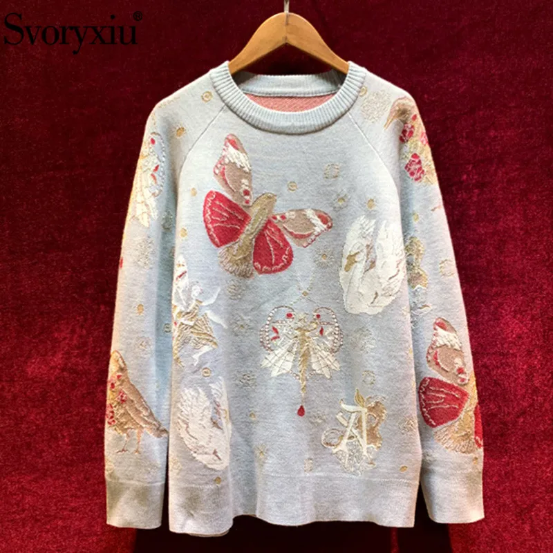

Svoryxiu Women's Autumn Winter High Quality Sweater Pullovers Fashion Cartoon Pattern Embroidery Loose Knitting Sweater 2019
